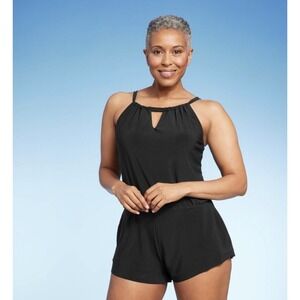 High neck swim romper with pockets Black plus size size 24w bathing suit